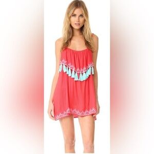 Tiare Hawaii Red Tassel Mini Dress O/S Boho Aztec Tribal Beach Cover Up Resort